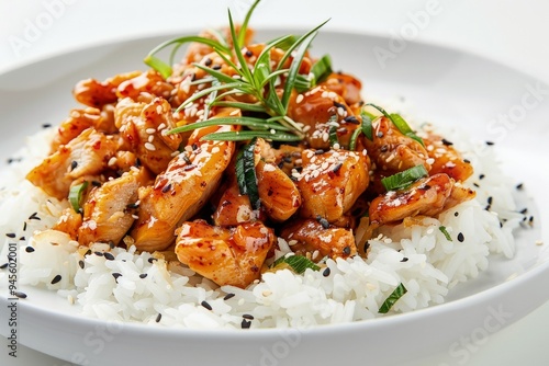 a white plate topped with rice and chicken