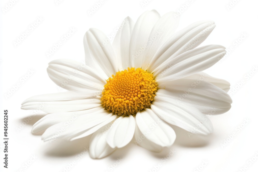 Fototapeta premium A close-up of a white daisy flower with a yellow center on a white background.