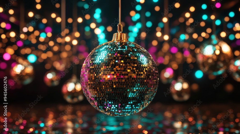 A sparkling disco ball in focus with vibrant, colorful lights in the background, creating a lively and festive atmosphere. A sparkling disco ball in focus with vibrant, colorful lights in the background, creating a lively and festive atmosphere.
