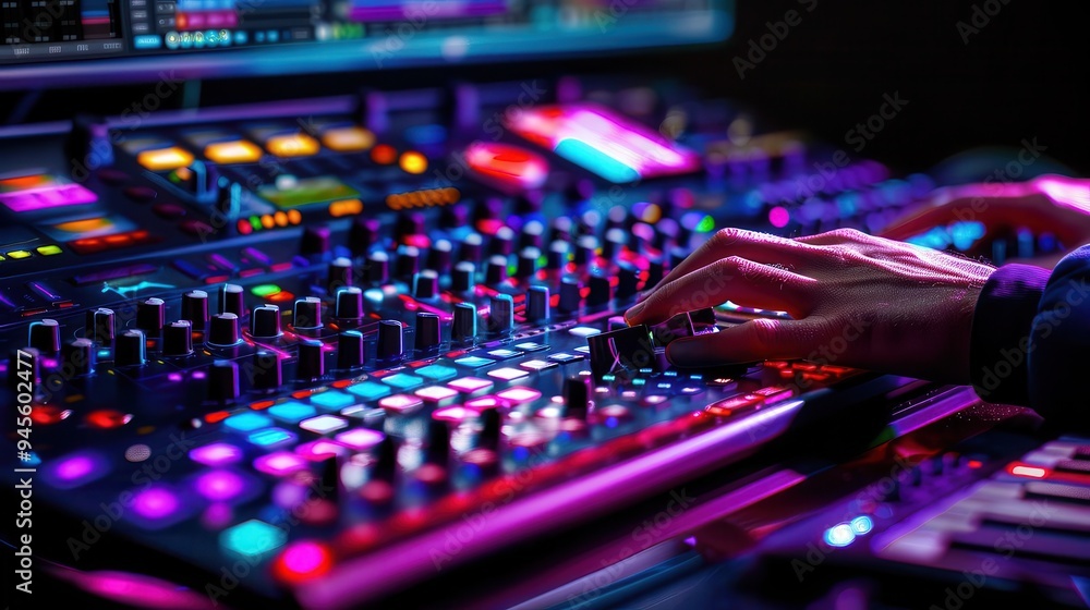 Photo-realistic producer working on digital audio workstation, detailed screen and equipment, high-definition, vibrant colors, hyper-detailed textures Photo-realistic producer working on digital audio workstation, detailed screen and equipment, high-definition, vibrant colors, hyper-detailed textures