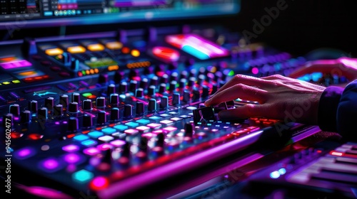 Photo-realistic producer working on digital audio workstation, detailed screen and equipment, high-definition, vibrant colors, hyper-detailed textures