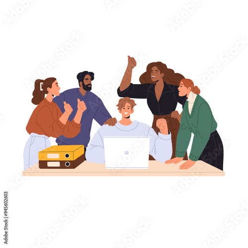Team celebrates business success, corporate win. Coworkers congratulate with work achievement. Happy people gesture, employees rejoice together. Flat isolated vector illustration on white background