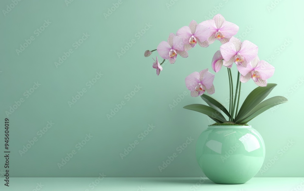 3D rendering of an isolated orchid in a green porcelain pot 3D rendering of an isolated orchid in a green porcelain pot