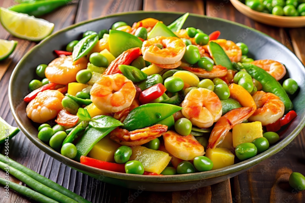A colorfully presented edamame and shrimp stir-fry with sliced snap peas and diced pineapple, cooked in a zesty lemongrass sauce, a realistic photo image. A colorfully presented edamame and shrimp stir-fry with sliced snap peas and diced pineapple, cooked in a zesty lemongrass sauce, a realistic photo image.