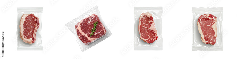 set of A plastic package with a top view of a meat steak isolated on a transparent background set of A plastic package with a top view of a meat steak isolated on a transparent background