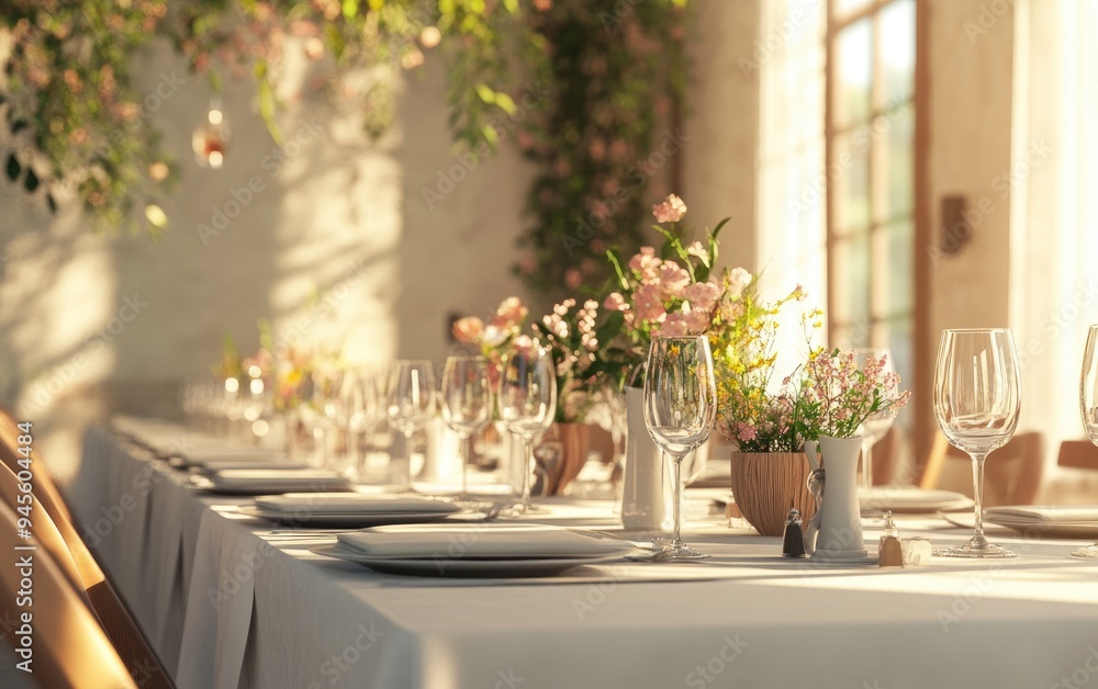 3D rendering of a wedding banquet setup in a restaurant featuring elegantly served tables for a celebratory event 3D rendering of a wedding banquet setup in a restaurant featuring elegantly served tables for a celebratory event