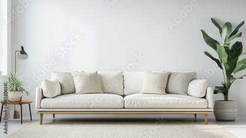 3D rendering of a white living room featuring a sofa in a Scandinavian style