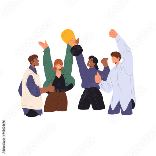Team celebrates win, holds trophy. Coworkers rejoice at business success. Happy people hands up by corporate work achievement. Employees best deal together. Flat isolated vector illustration on white