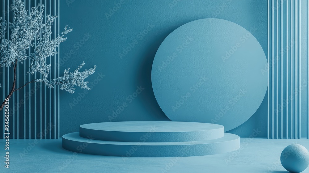 3D rendering of a blue abstract geometric background with a podium in a Japanese style 3D rendering of a blue abstract geometric background with a podium in a Japanese style