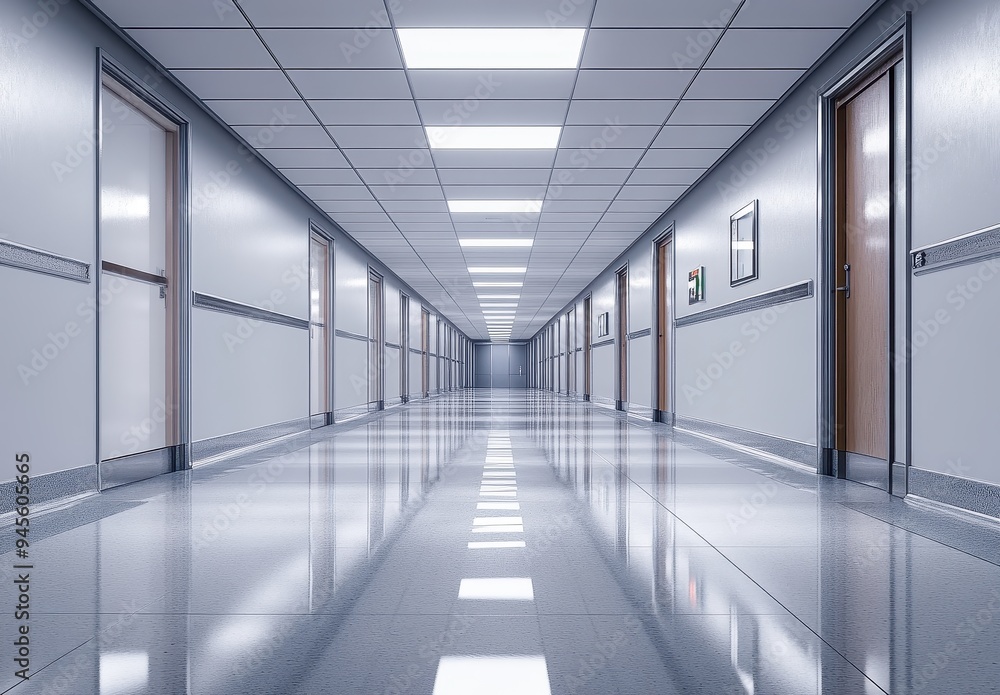 Empty Hospital Corridor with Shiny Floor Empty Hospital Corridor with Shiny Floor