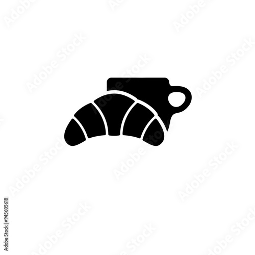 Breakfast Hot Coffee and Croissant Solid Flat Vector Icon Isolated on White Background.