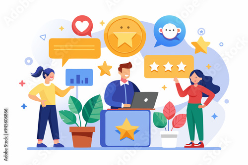 Social media customer feedback review, employee satisfaction, positive feedback on online ranking, giving high score rating, like or happy opinion concept, people carry social feedback elements.
