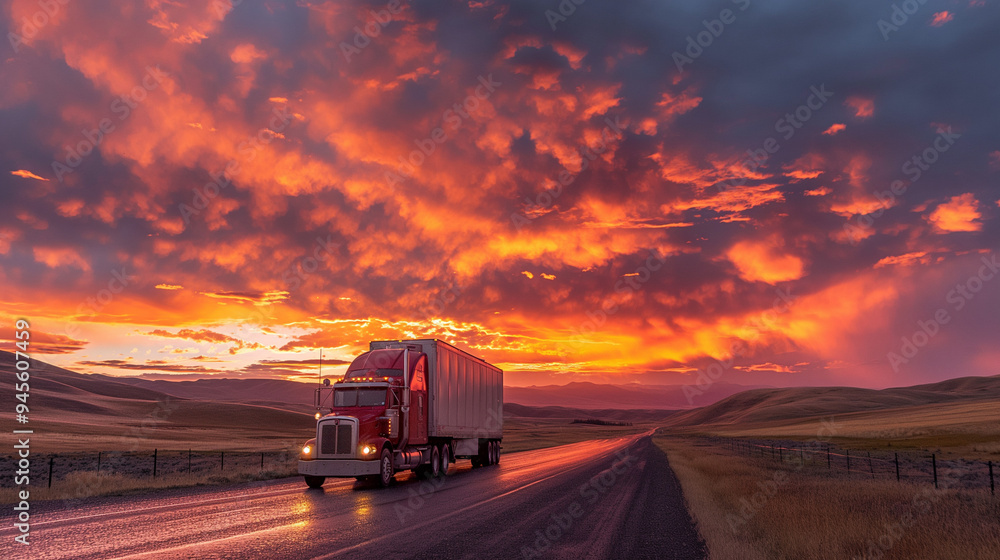 Semi Truck Driving at Sunrise on Country Road Semi Truck Driving at Sunrise on Country Road