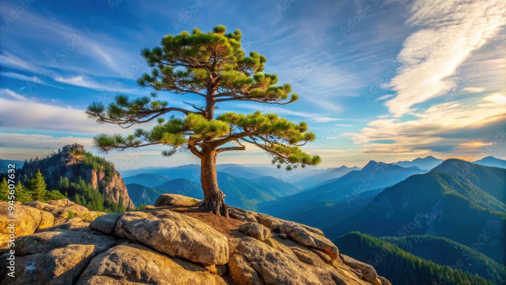 Tall pine tree standing majestically on a rugged mountain peak, nature, scenic, landscape, wilderness, outdoor, adventure Tall pine tree standing majestically on a rugged mountain peak, nature, scenic, landscape, wilderness, outdoor, adventure