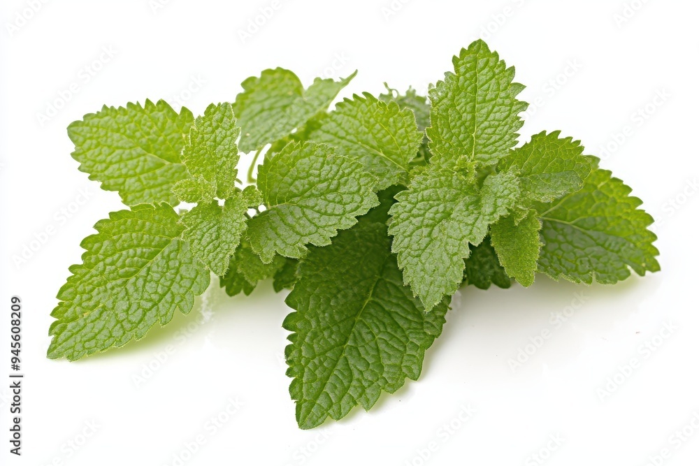 A cluster of fresh green leaves, likely from a mint plant, showcasing their texture and color. A cluster of fresh green leaves, likely from a mint plant, showcasing their texture and color.