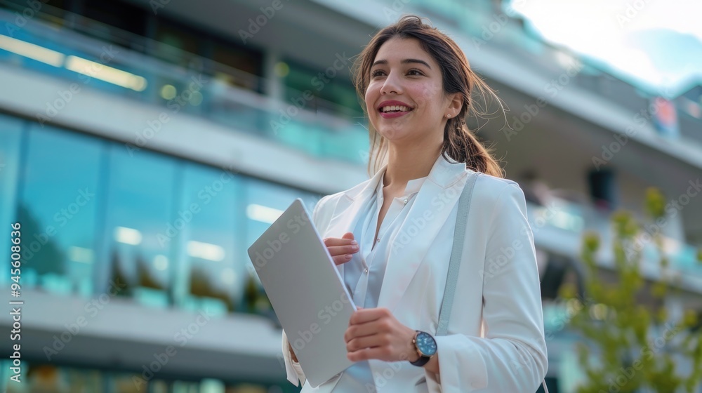 A woman in a white jacket is holding a laptop, suitable for technology or office use A woman in a white jacket is holding a laptop, suitable for technology or office use