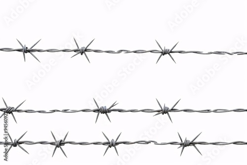 Three rows of barbed wire isolated on white background.