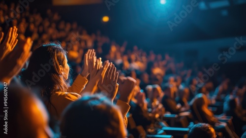 Audience members applauding at the end of a film in a packed theater