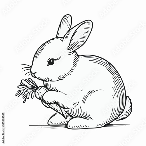Black and white sketch of a cute rabbit eating a carrot