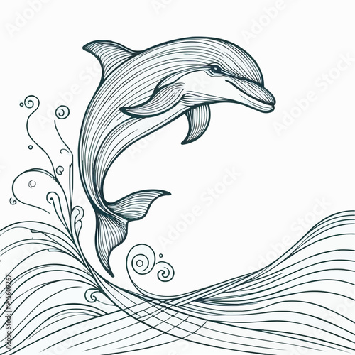Elegant line art of a dolphin jumping out of waves 