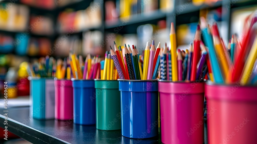 Colorful Pencils in Holders on a Black Table Colorful Pencils in Holders on a Black Table