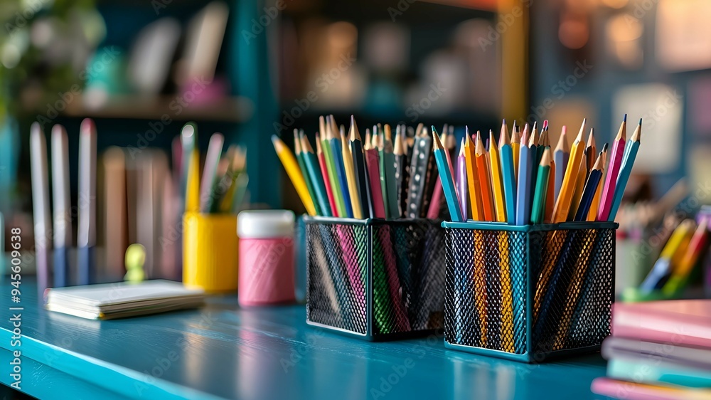 Colorful Pencils in Wire Mesh Holders on Blue Desk Colorful Pencils in Wire Mesh Holders on Blue Desk