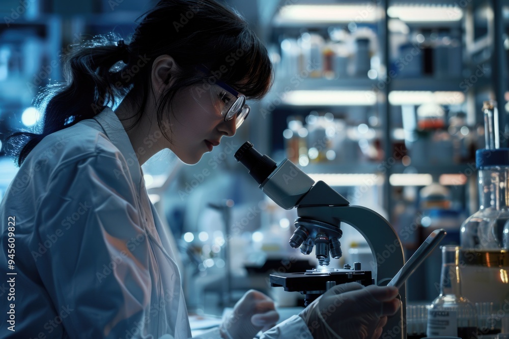 A scientist studying a specimen under magnification A scientist studying a specimen under magnification