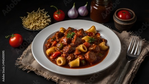 Hungarian goulash on white plate, black background