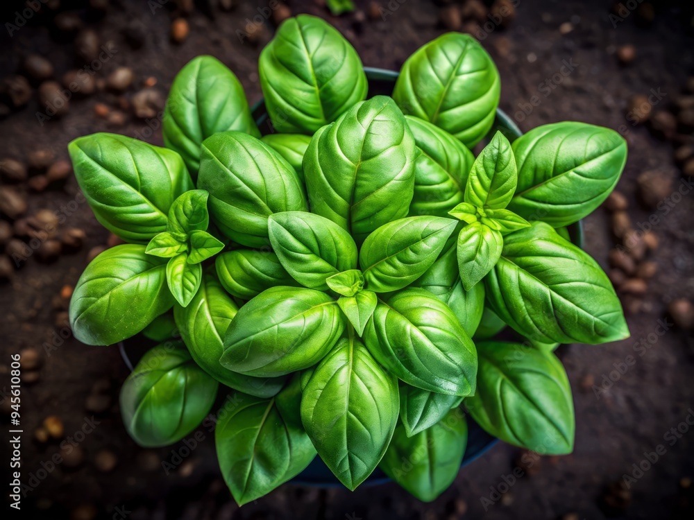 Fresh basil plant with dark green, aromatic leaves and a sturdy stem stands tall, exuding fragrance and freshness. Fresh basil plant with dark green, aromatic leaves and a sturdy stem stands tall, exuding fragrance and freshness.