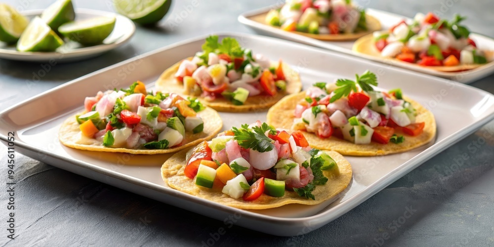 Plate of ceviche tostadas on a white platter, ceviche, tostadas, seafood, Mexican cuisine, appetizer, fish, lime Plate of ceviche tostadas on a white platter, ceviche, tostadas, seafood, Mexican cuisine, appetizer, fish, lime