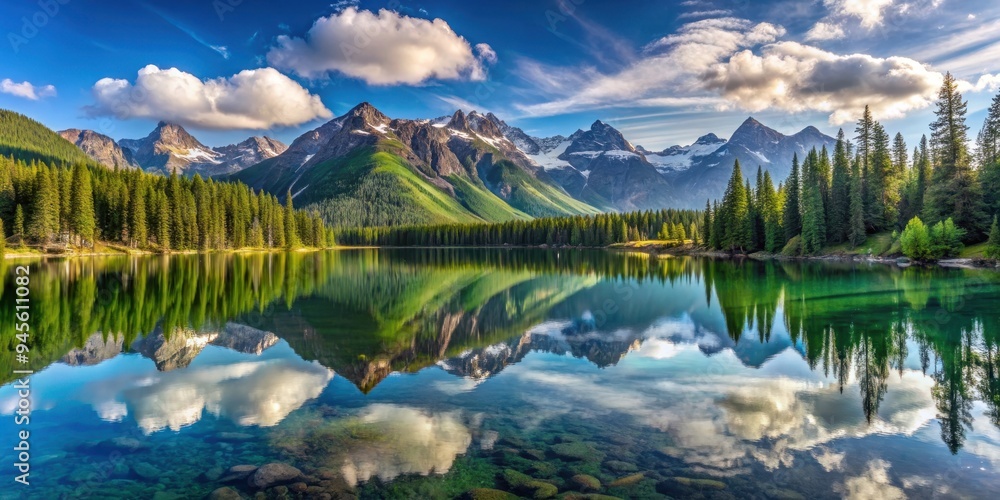 Panoramic view of mountains, forests, and a glacier reflected in a crystal-clear alpine lake, mountains, forests, glacier Panoramic view of mountains, forests, and a glacier reflected in a crystal-clear alpine lake, mountains, forests, glacier