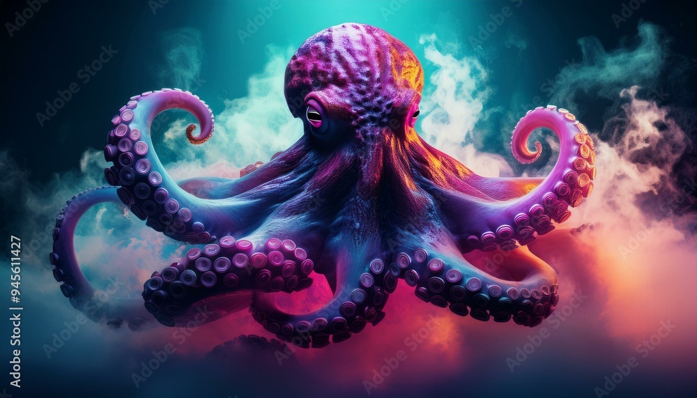 Obraz premium Dramatic octopus emerging from ink cloud with neon spotlight.