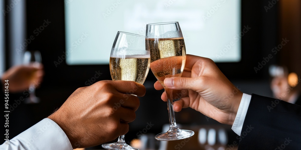 two business people toasting with champagne flutes during a corporate event or meeting. two business people toasting with champagne flutes during a corporate event or meeting.