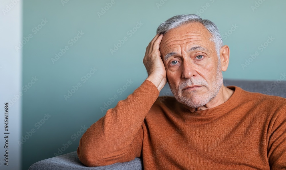 thoughtful senior man sitting on sofa with hand on forehead in thoughtful pose thoughtful senior man sitting on sofa with hand on forehead in thoughtful pose