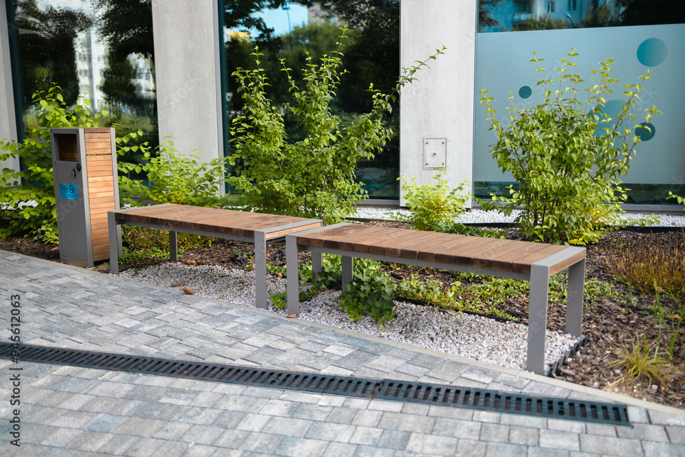 Perspective view of paved path with green lawn, decorative grass and modern wooden benches in front of gabion tree tubs made of wire and filled with stones in recreation area near modern office build Perspective view of paved path with green lawn, decorative grass and modern wooden benches in front of gabion tree tubs made of wire and filled with stones in recreation area near modern office build