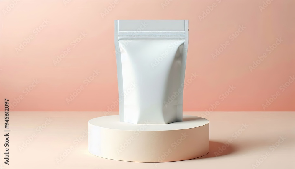 White Stand Up Pouch Mockup on a Round Pedestal White Stand Up Pouch Mockup on a Round Pedestal