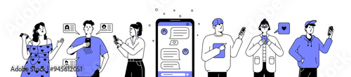 People with smartphones set. Men, women texting messages in social media with mobile phones. Characters communicate using cellphones, telephones. Flat isolated outline vector illustrations on white