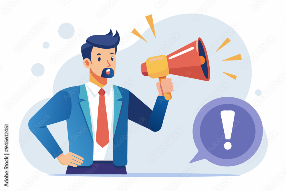 Important announcement, attention or warning information, breaking news or urgent message communication, alert and beware concept, business people announce on megaphone with attention exclamation sign Important announcement, attention or warning information, breaking news or urgent message communication, alert and beware concept, business people announce on megaphone with attention exclamation sign