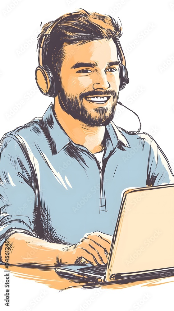 Happy customer service agent wearing a headset and talking to a laptop computer in an office. doodle style art Happy customer service agent wearing a headset and talking to a laptop computer in an office. doodle style art