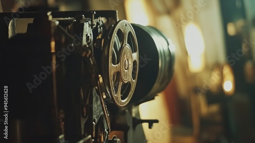 Close-up of an old-fashioned film projector running during a special screening