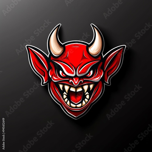 Bold illustration of a fierce red demon face with sharp teeth and pronounced horns, perfect for themes of fantasy and adventure. photo