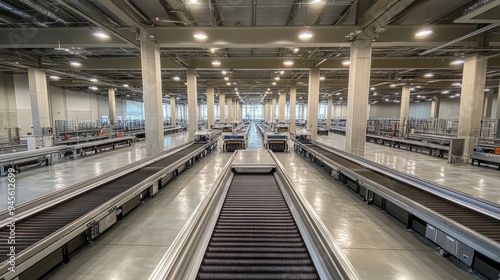 A bird's-eye view of a bustling baggage claim area with multiple conveyor belts, scattered luggage, and travelers searching for their bags, emphasizing the scale of the space