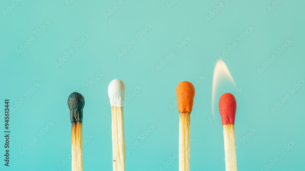 Group of different matches, some burning, pastel blue background, leadership, idea generation, teamwork. Generative AI Group of different matches, some burning, pastel blue background, leadership, idea generation, teamwork. Generative AI