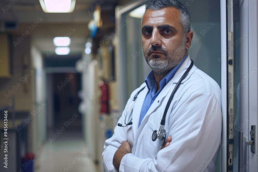 A doctor standing in a hospital hallway, wearing a stethoscope A doctor standing in a hospital hallway, wearing a stethoscope