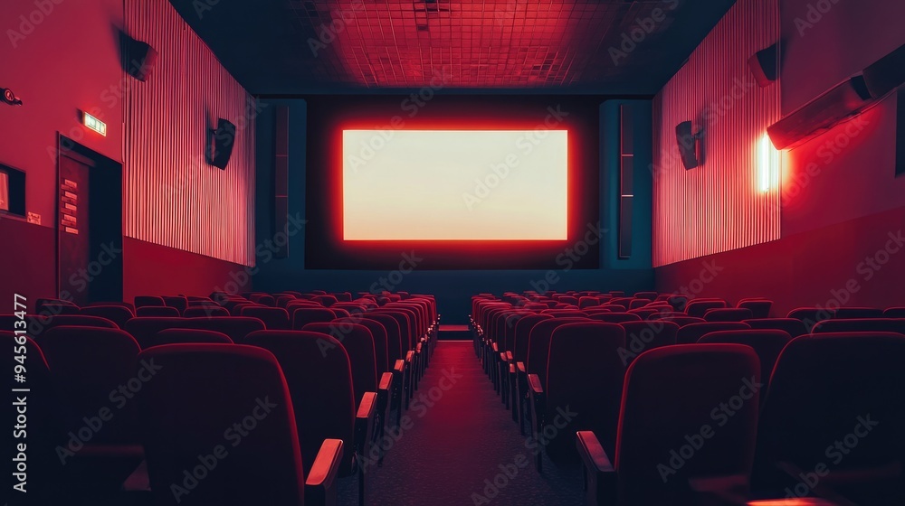 Fototapeta premium Empty movie theater with rows of red seats, the screen glowing softly before the movie begins