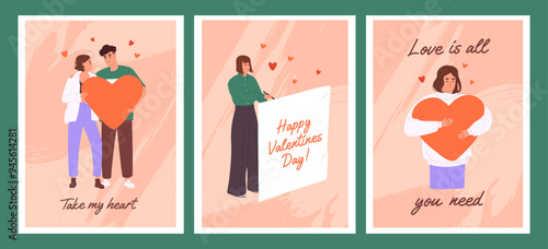 St. Valentine day cards set. Couple shares affection, romantic feelings in relationship. Happy girl gives gift. Person hugs heart with self acceptance. 14 February postcards. Flat vector illustrations