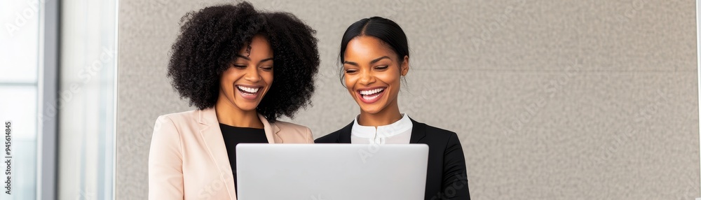 two diverse businesswomen sharing a laptop, smiling and looking at the screen, modern office environment. two diverse businesswomen sharing a laptop, smiling and looking at the screen, modern office environment.