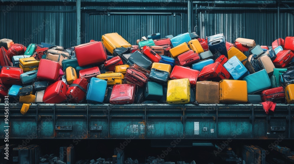 A conveyor belt jammed in mid-motion, releasing a mess of suitcases and bags, with vivid hues contrasting against the industrial backdrop A conveyor belt jammed in mid-motion, releasing a mess of suitcases and bags, with vivid hues contrasting against the industrial backdrop