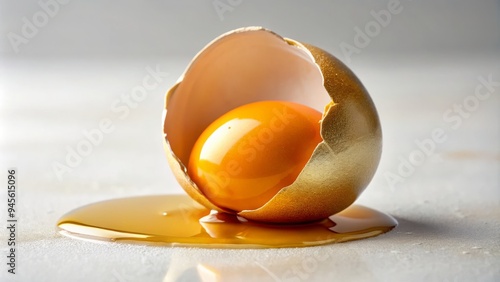 Golden egg yolk oozes out of cracked eggshell, flowing like liquid sunshine onto a pristine white surface, symbolizing new life and culinary creativity. photo