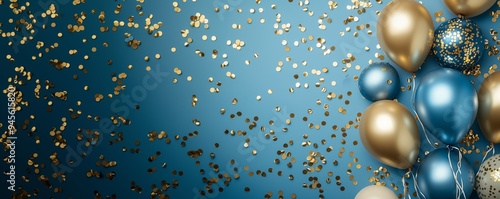 Celebration gold and blue balloons, confetti and ribbons. Festive background for birthday, anniversary, new year, christmas theme. Generative Ai 